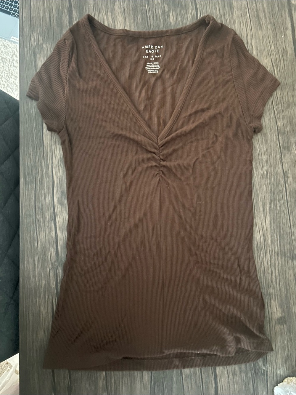 American Eagle ‘Soft and Sexy’ Brown Ribbed V-Neck Short Sleeve Top